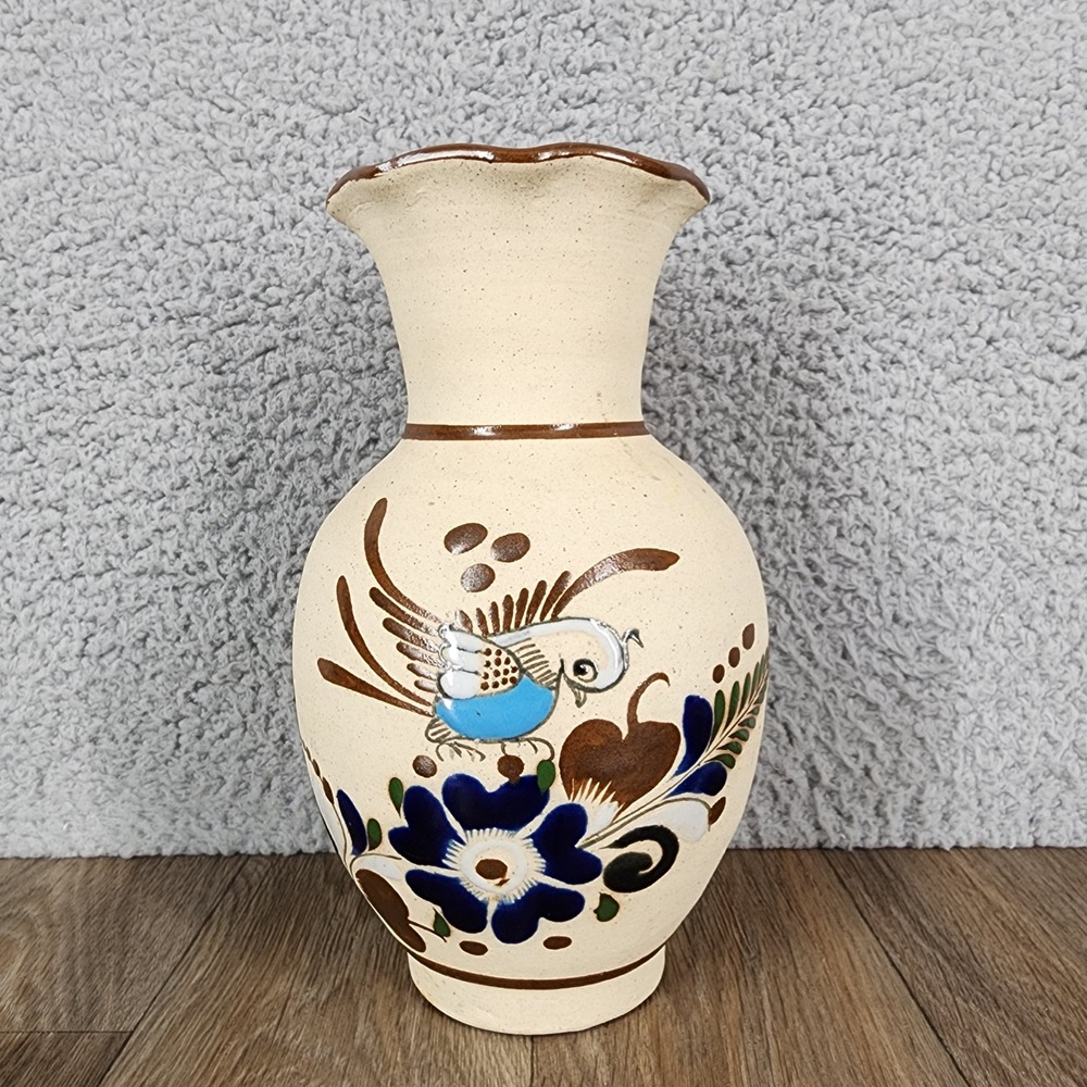 Vintage Tonala Mexico Hand Painted Bird Floral Pottery Vase Scalloped Rim 8.5in